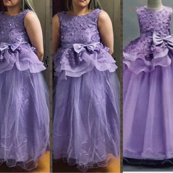 Girls Lilac 3D Floral Lace & Tulle Gown w/ Satin Bow NINJXD Pageant Dress - Picture 13 of 16